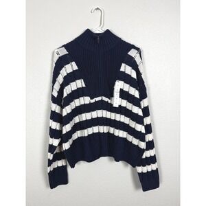 Nautical Sweater Womens XL Navy Cream Striped Quarter Zip Pointelle Knit
